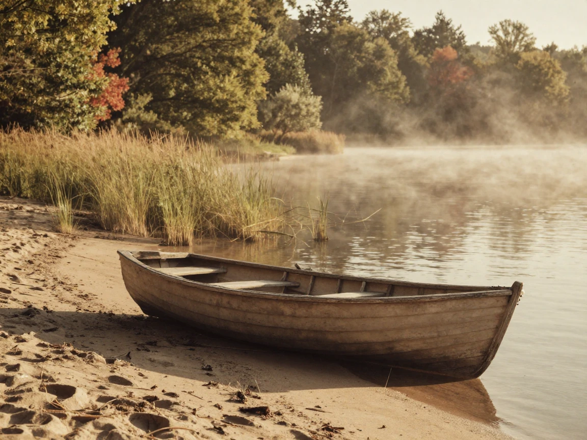 A rowboat resting on the sandy shore of a quiet cove, under soft golden-hour light, as mist rises off the ground, as summer fades into fall, with a soft sepia-tinted glow, from a three-quarter angle.