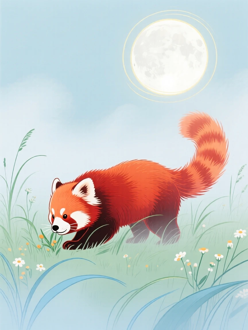 A red panda grazing in a misty morning field under a full moon.