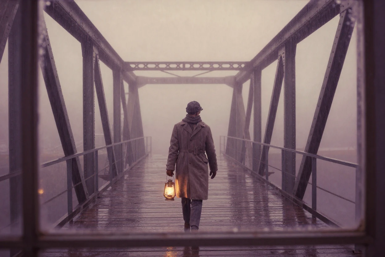 A pedestrian crossing a foggy bridge with a single lantern in hand, under soft golden-hour light, amid a steady rain, in the depths of winter, in dusty lavender and rose tones, through a rain-streaked window.