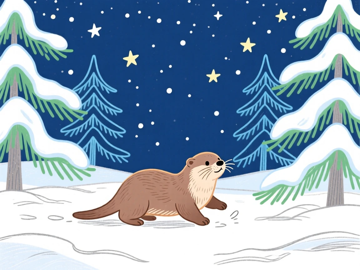 A baby otter playing in a snowy pine forest under a clear starry sky.
