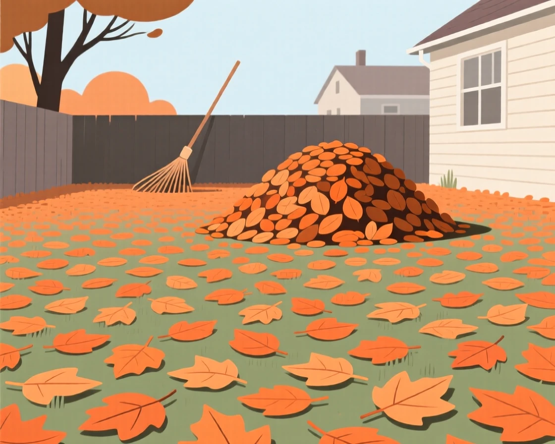 A carpet of fallen orange leaves covering a suburban backyard as a pile of raked leaves appears in the distance, full of quiet transformation.