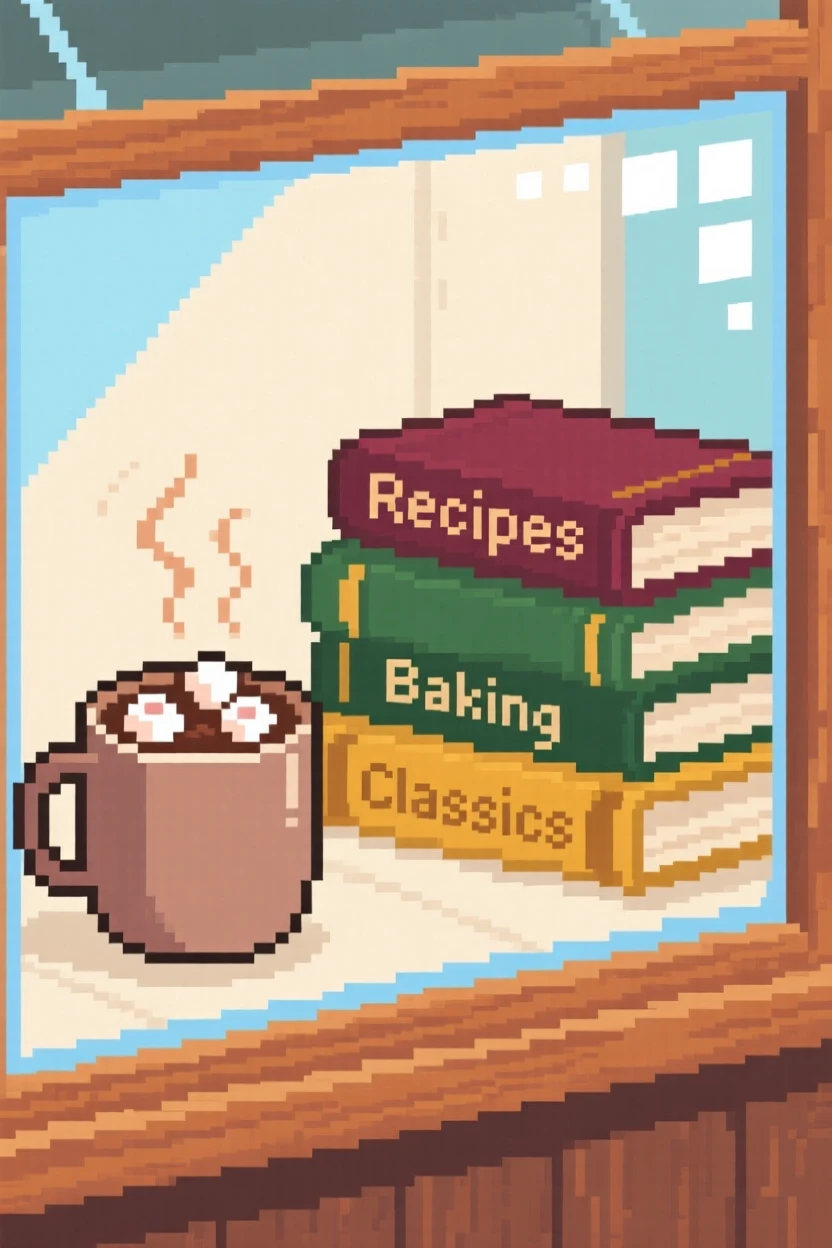 A cup of hot cocoa with marshmallows resting beside a stack of old cookbooks, in a cozy bakery display case.