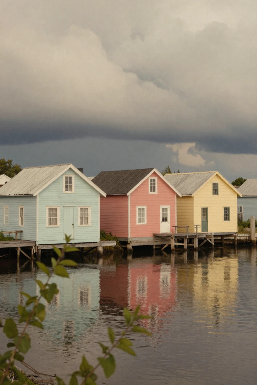 A row of pastel-colored fishing cottages along a quiet harbor, under a pale winter sky, under a darkening storm sky, during the long days of summer, with a soft sepia-tinted glow, peering through foliage in the foreground.