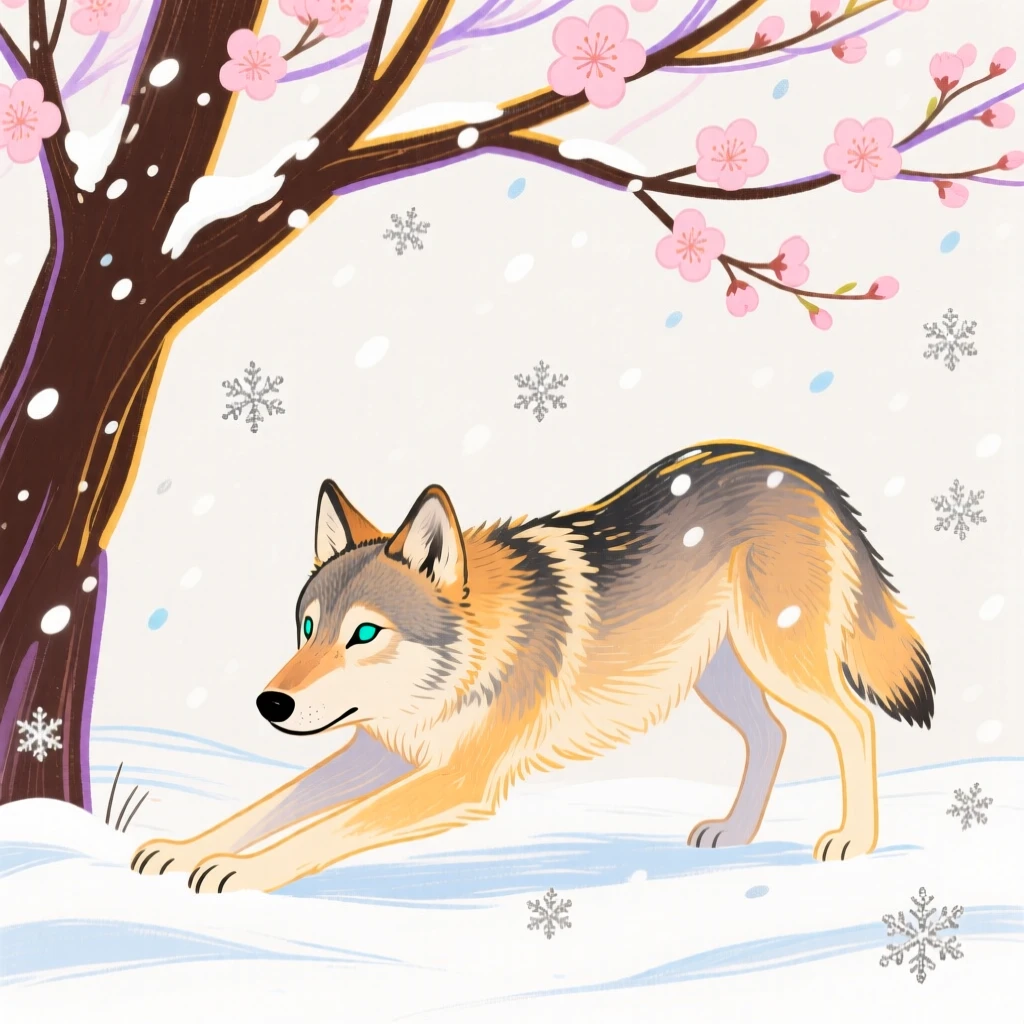 A young wolf stretching in the morning light under a blossoming tree during a light snowfall.