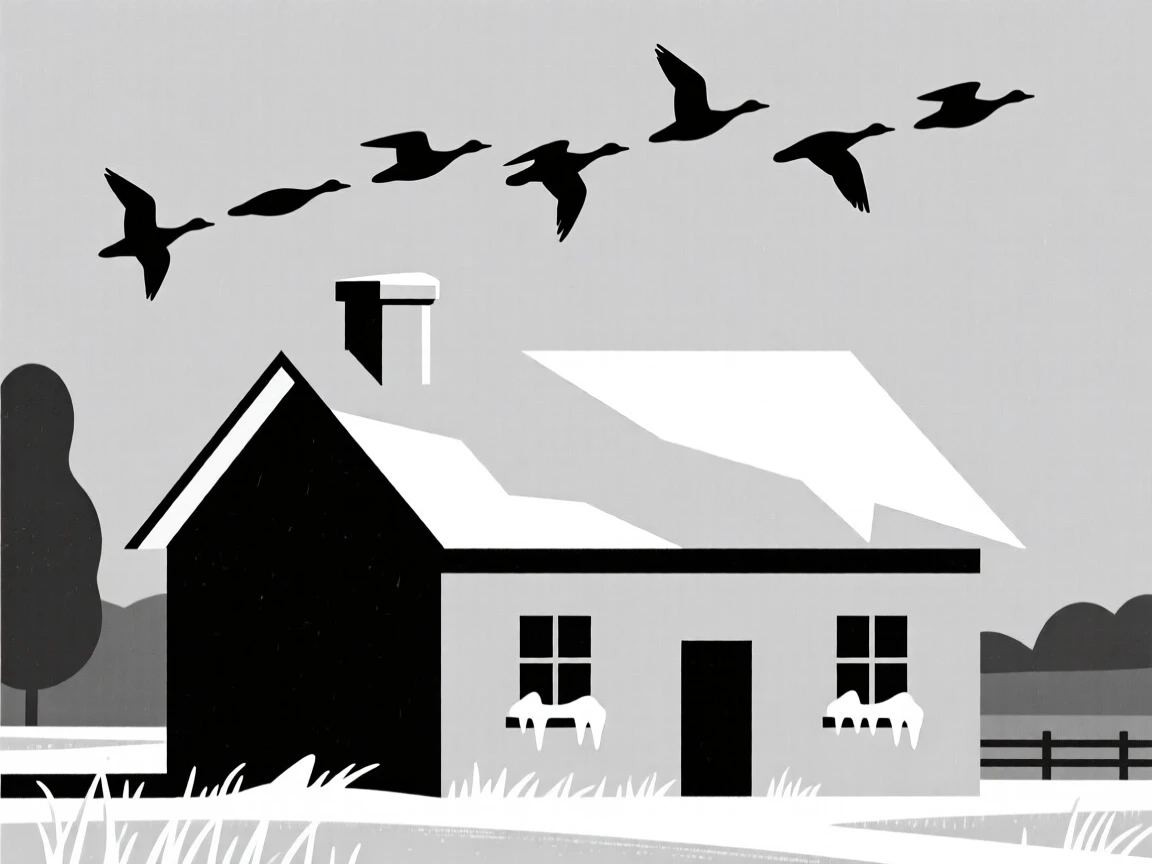 A rural farmhouse, transformed by early spring frost, with migrating geese overhead scattered throughout, captures cozy anticipation.