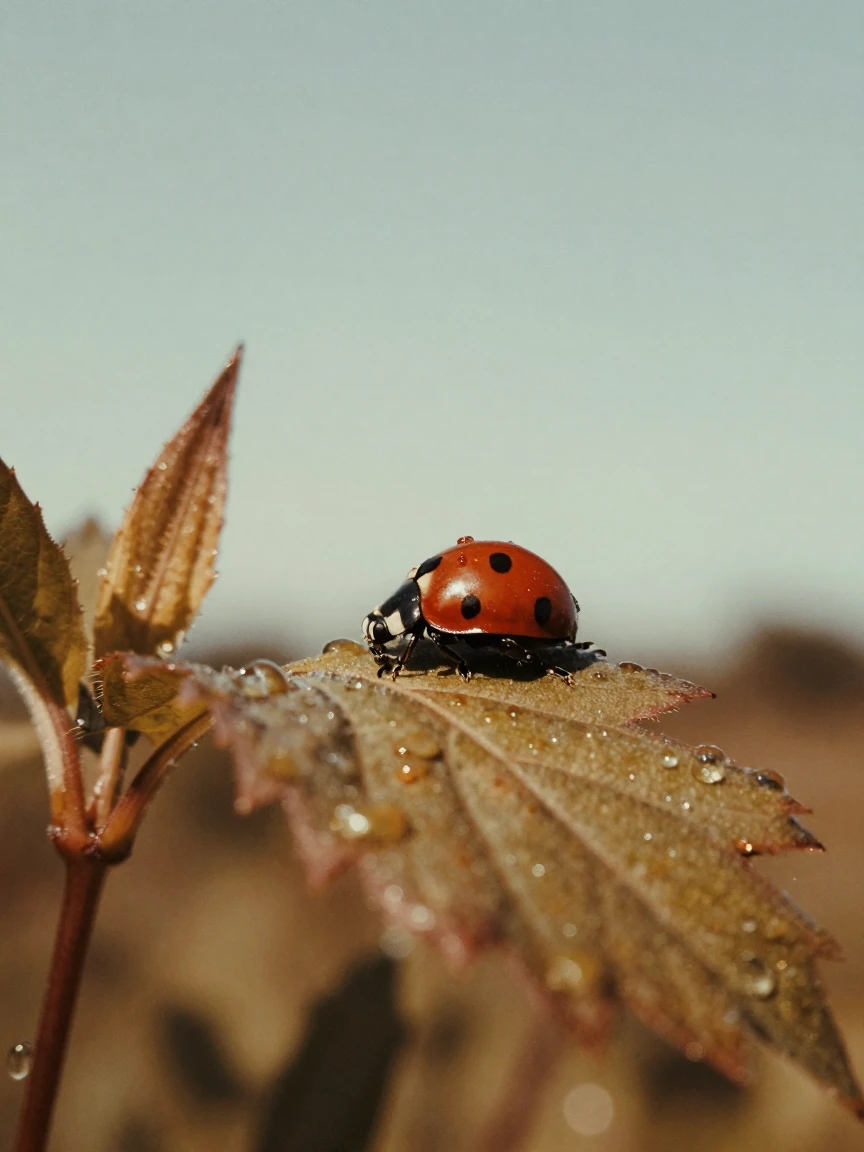 A ladybug crawling along the edge of a dew-covered leaf, under a pale winter sky, on a clear, cloudless day, in the height of summer, dominated by warm amber and rust tones, peering through foliage in the foreground.