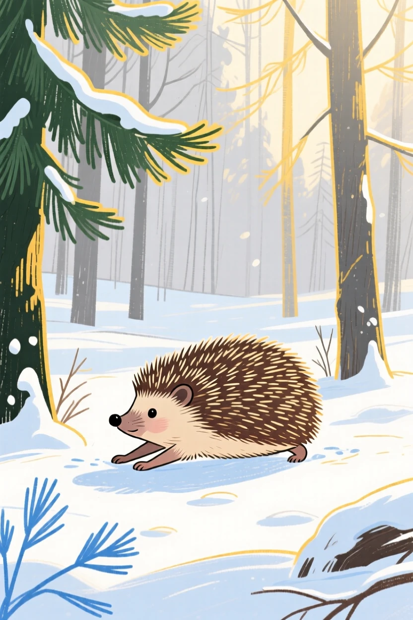 A small hedgehog stretching in the morning light in a snowy pine forest on a quiet summer afternoon.