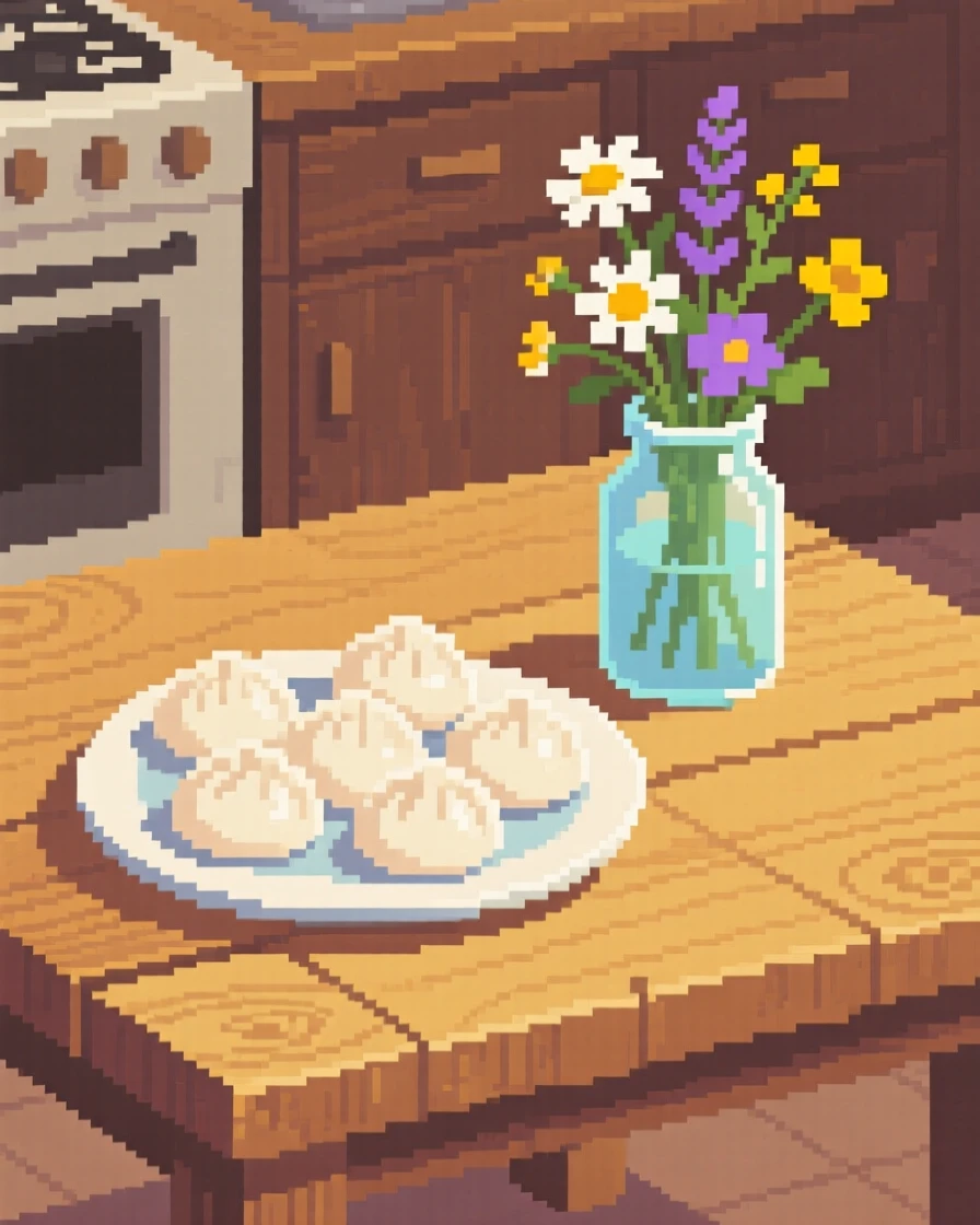 A plate of dumplings set beside a vase of wildflowers, on a rustic wooden kitchen table.