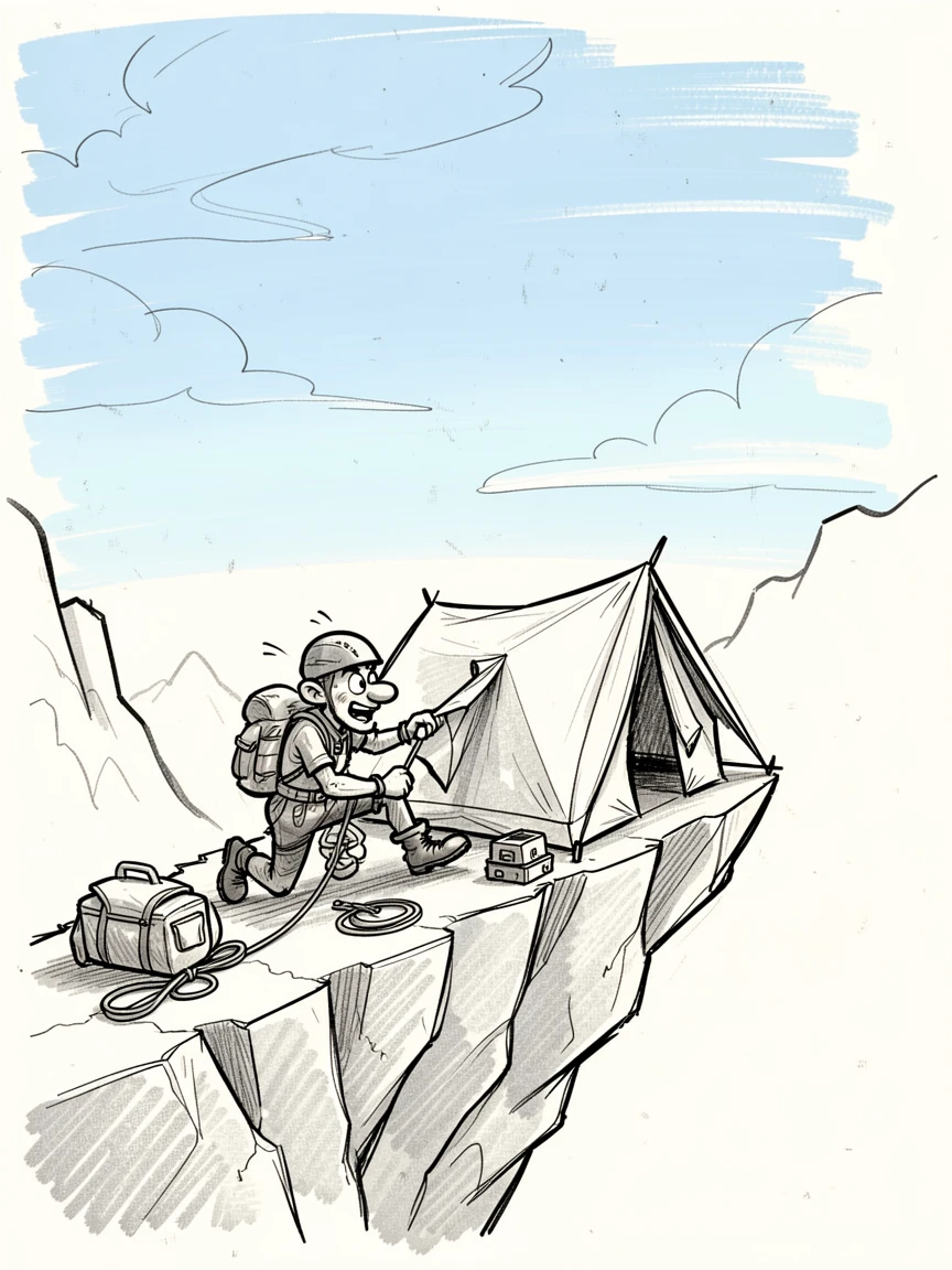 A climber setting up camp on a mountain ledge under a wide open summer sky.