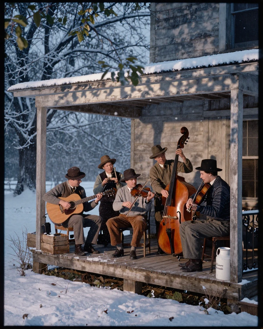 A group of musicians jamming together on a porch at dusk, in dappled light filtering through leaves, amid gently falling snow, under the first snow of winter, in cool blues and silvery greys, from a wide establishing view.