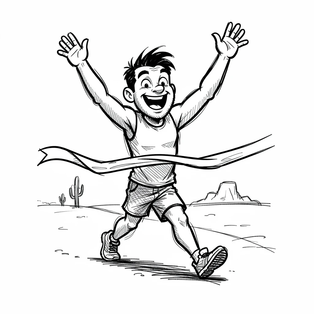 A runner crossing a finish line with arms raised across an open desert trail.
