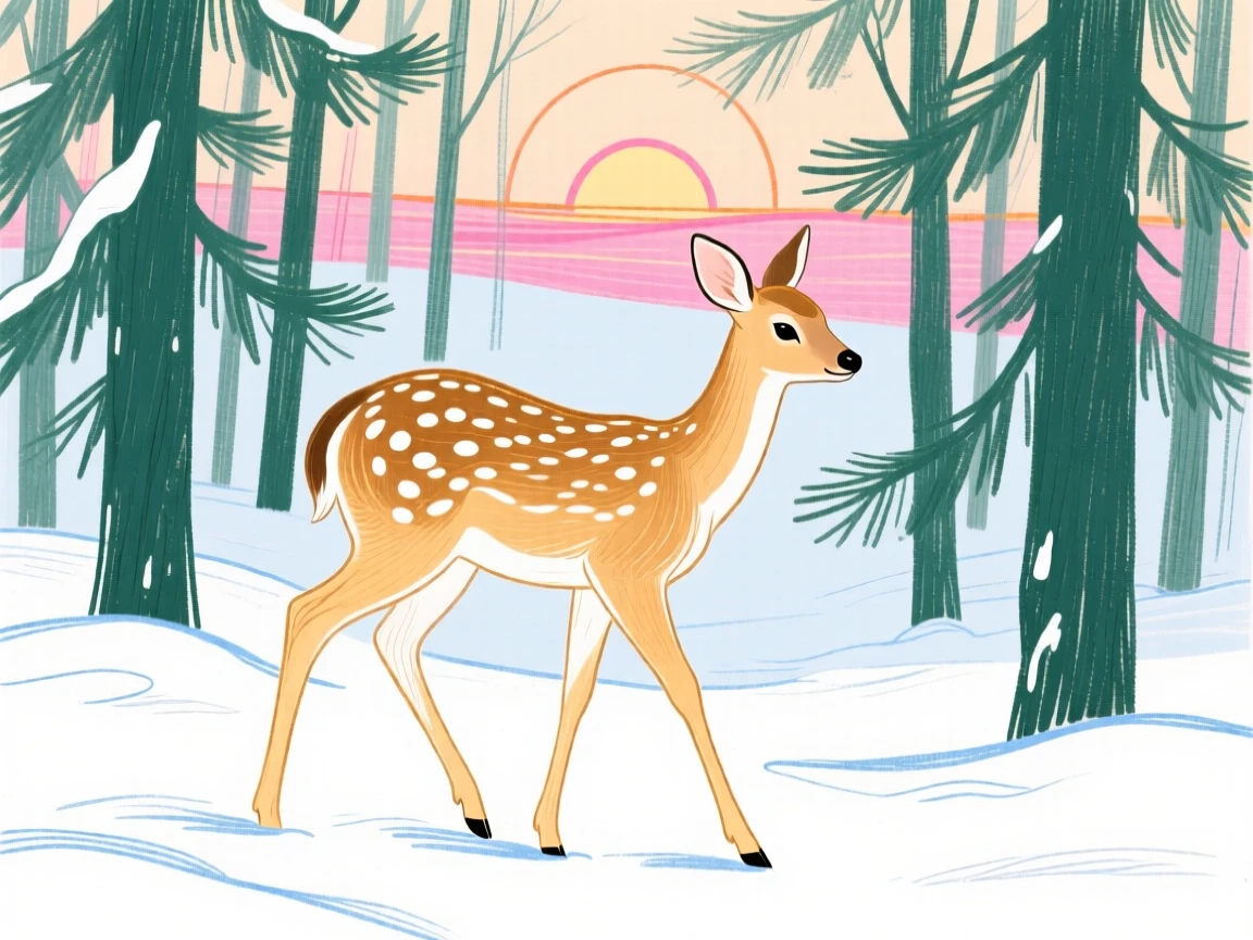 A spotted fawn wandering in a snowy pine forest at sunrise.