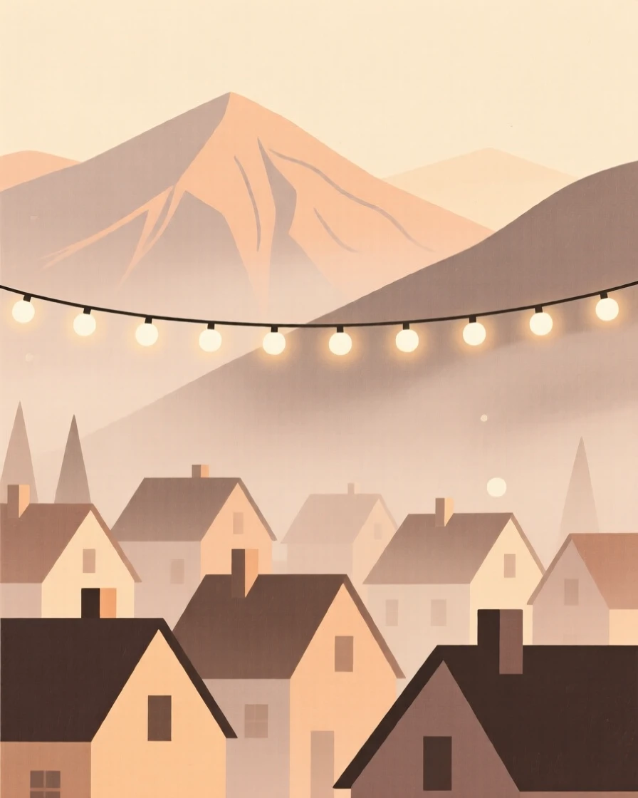 A summer heat haze covering a mountain village as a string of holiday lights appears in the distance, full of cozy anticipation.