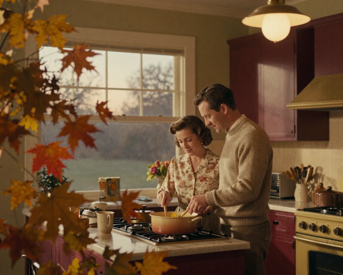 A couple slow-cooking dinner together in a warmly lit kitchen, in the pale light just before sunrise, with a soft breeze stirring the air, as autumn leaves turn gold and red, with rich burgundy and gold accents, peering through foliage in the foreground.