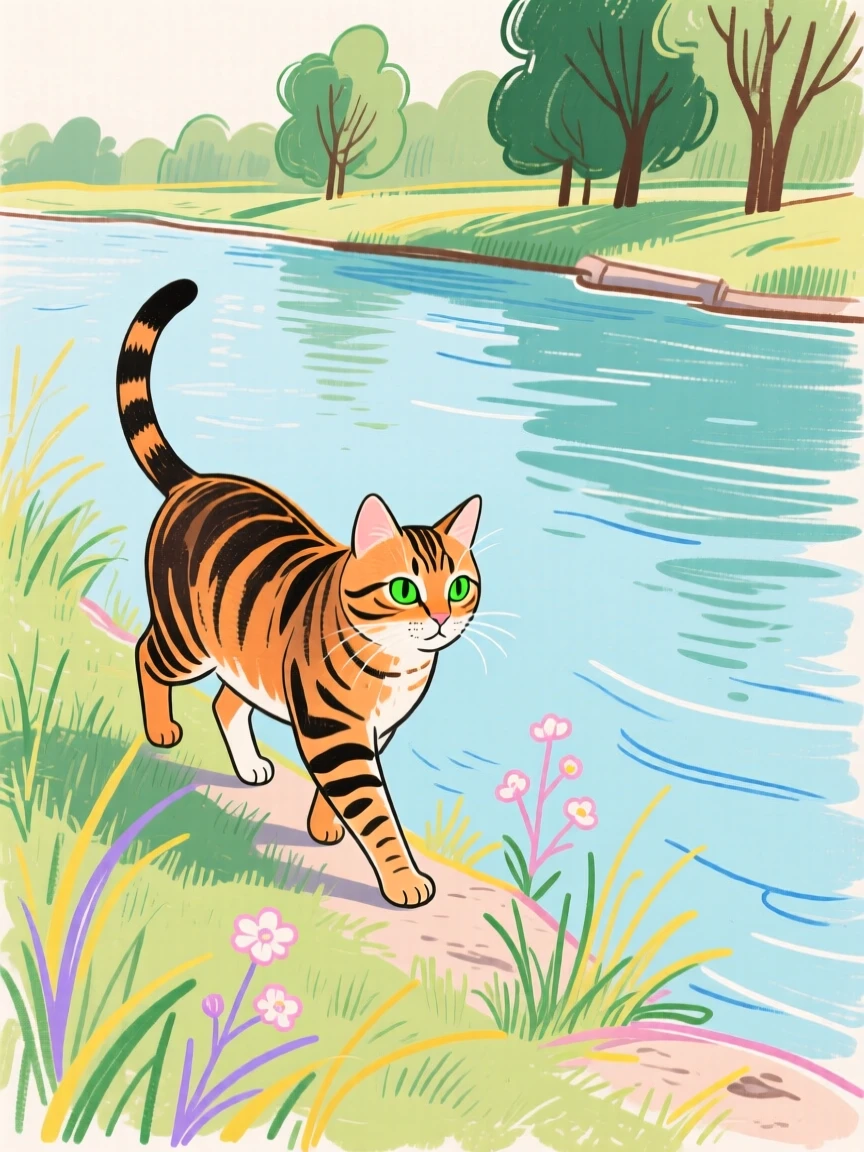 A tabby cat wandering along a quiet riverbank on a quiet summer afternoon.