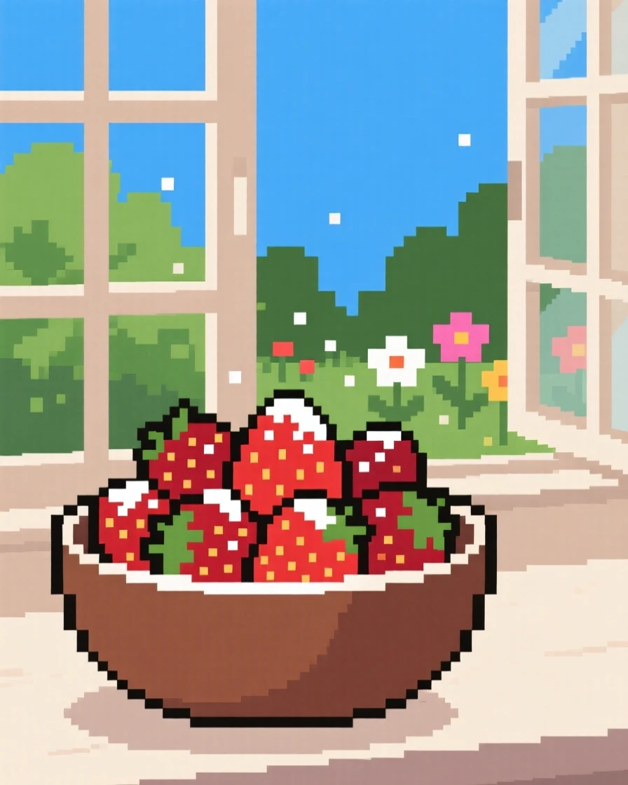 A bowl of fresh strawberries topped with a dusting of powdered sugar, beside an open window overlooking a garden.