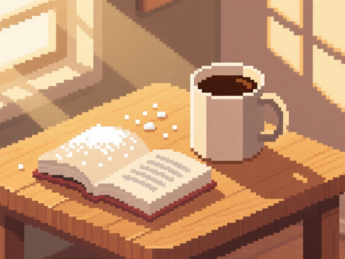 A mug of coffee beside an open book topped with a dusting of powdered sugar, in a sunlit breakfast nook.