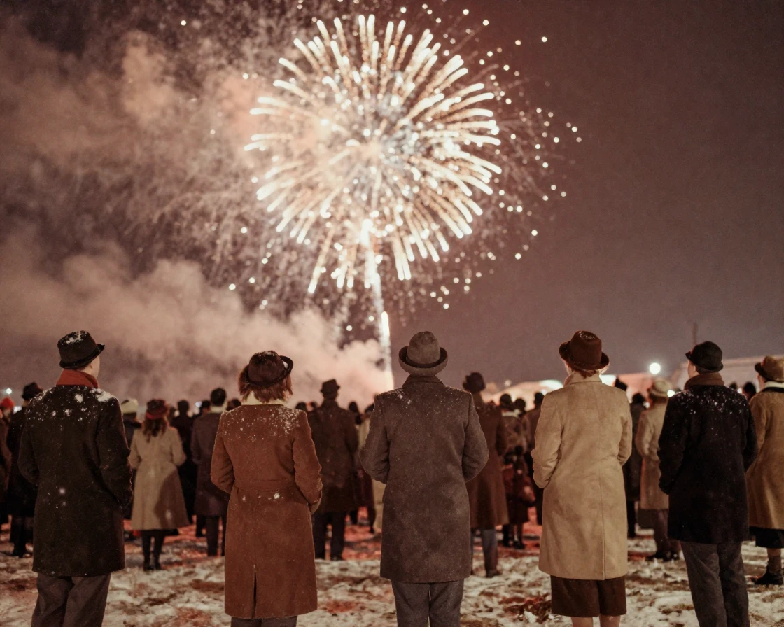 Fireworks bursting over a crowd gathered for a New Year celebration, under a canopy of stars, as heat shimmers over the ground, under the first snow of winter, in earthy terracotta and ochre shades, from behind, looking toward the horizon.
