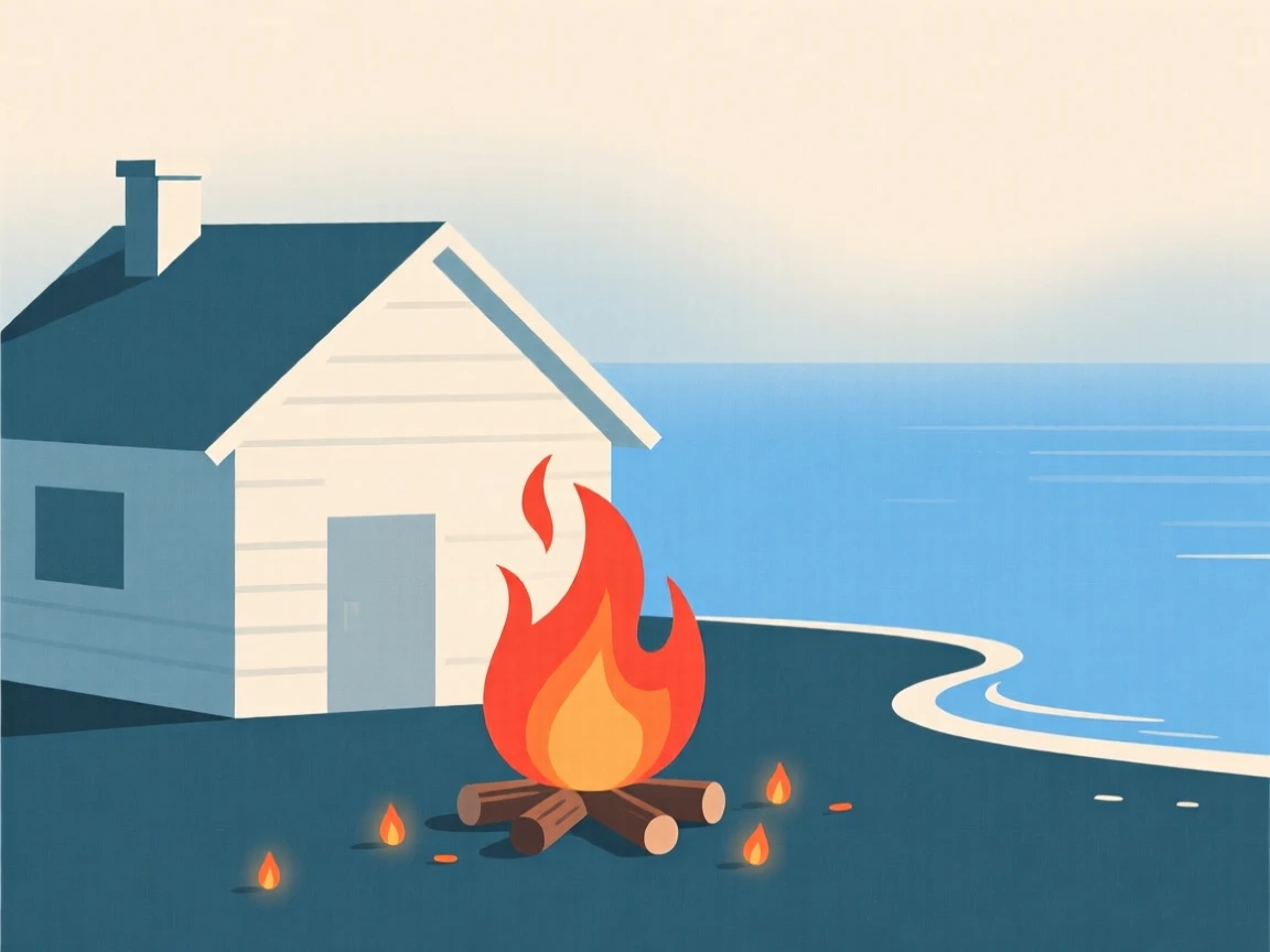 A lakeside cabin, transformed by summer heat haze, with a warm bonfire scattered throughout, captures crisp freshness.