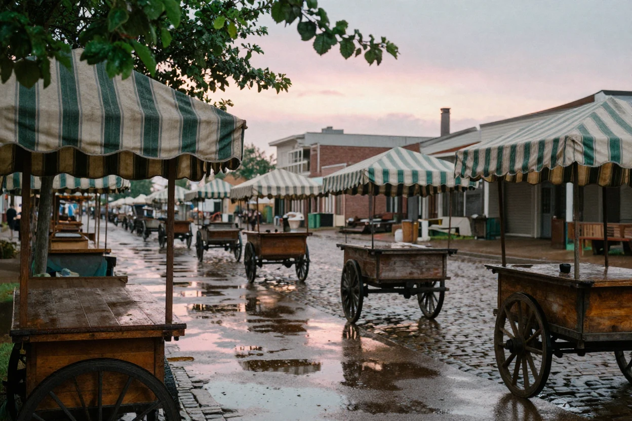 An old market street lined with striped awnings and vendor carts, in the pale light just before sunrise, just after a rain shower, with puddles reflecting the sky, during the long days of summer, with deep emerald greens and browns, in a tight close-up.