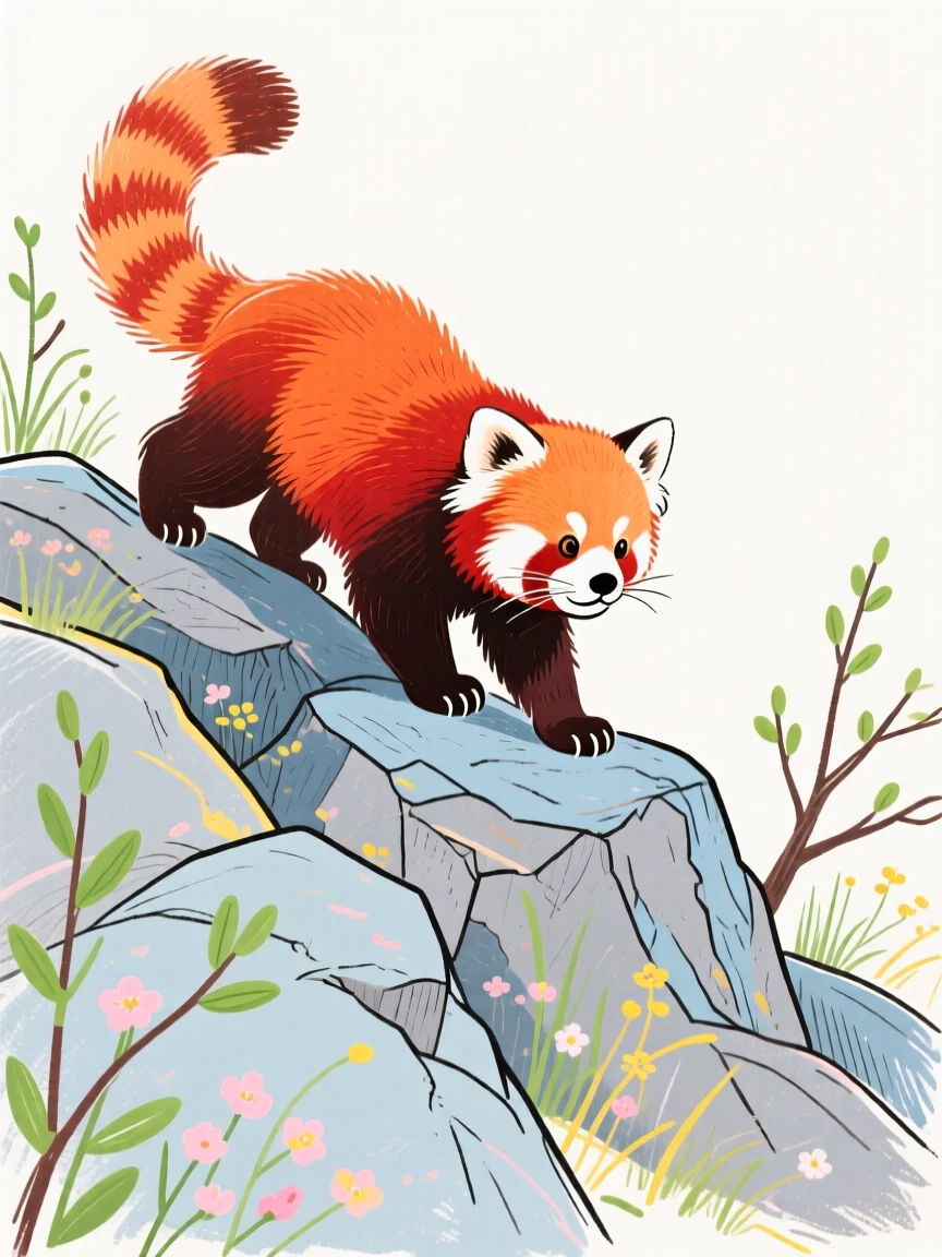 A red panda exploring on a rocky hillside in early spring.