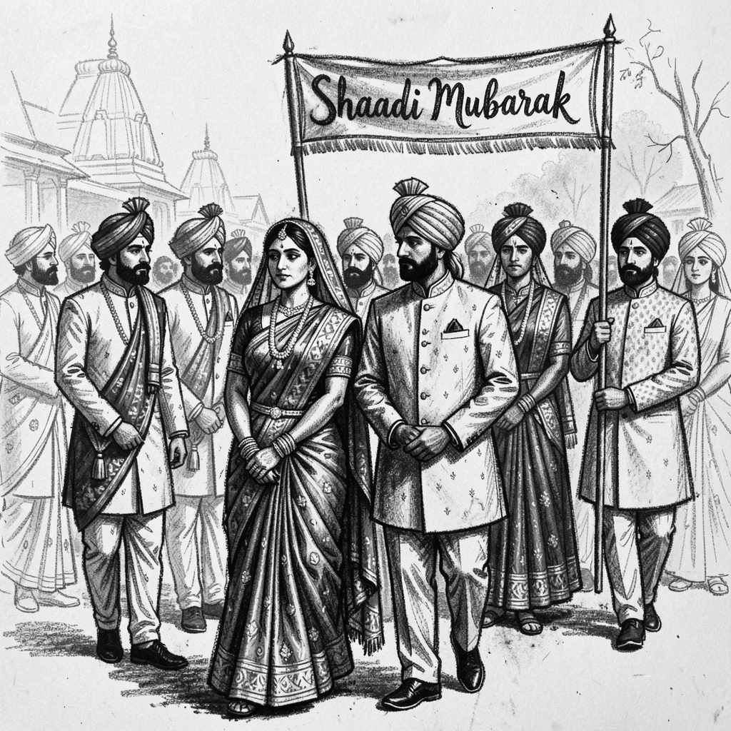 A traditional wedding procession in vibrant Indian attire, in a moment of quiet togetherness.