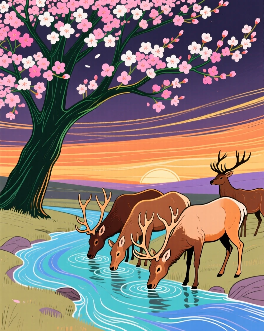 A herd of elk drinking from a stream under a blossoming tree at sunset.