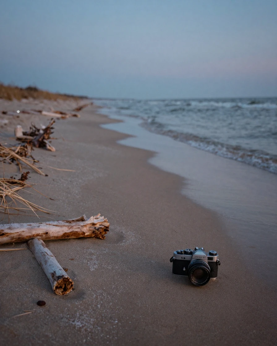 A wide sandy beach with gentle waves lapping at the shore, in cool blue twilight, in still, windless air, under the first snow of winter, with muted olive and rust colors, in a tight close-up.