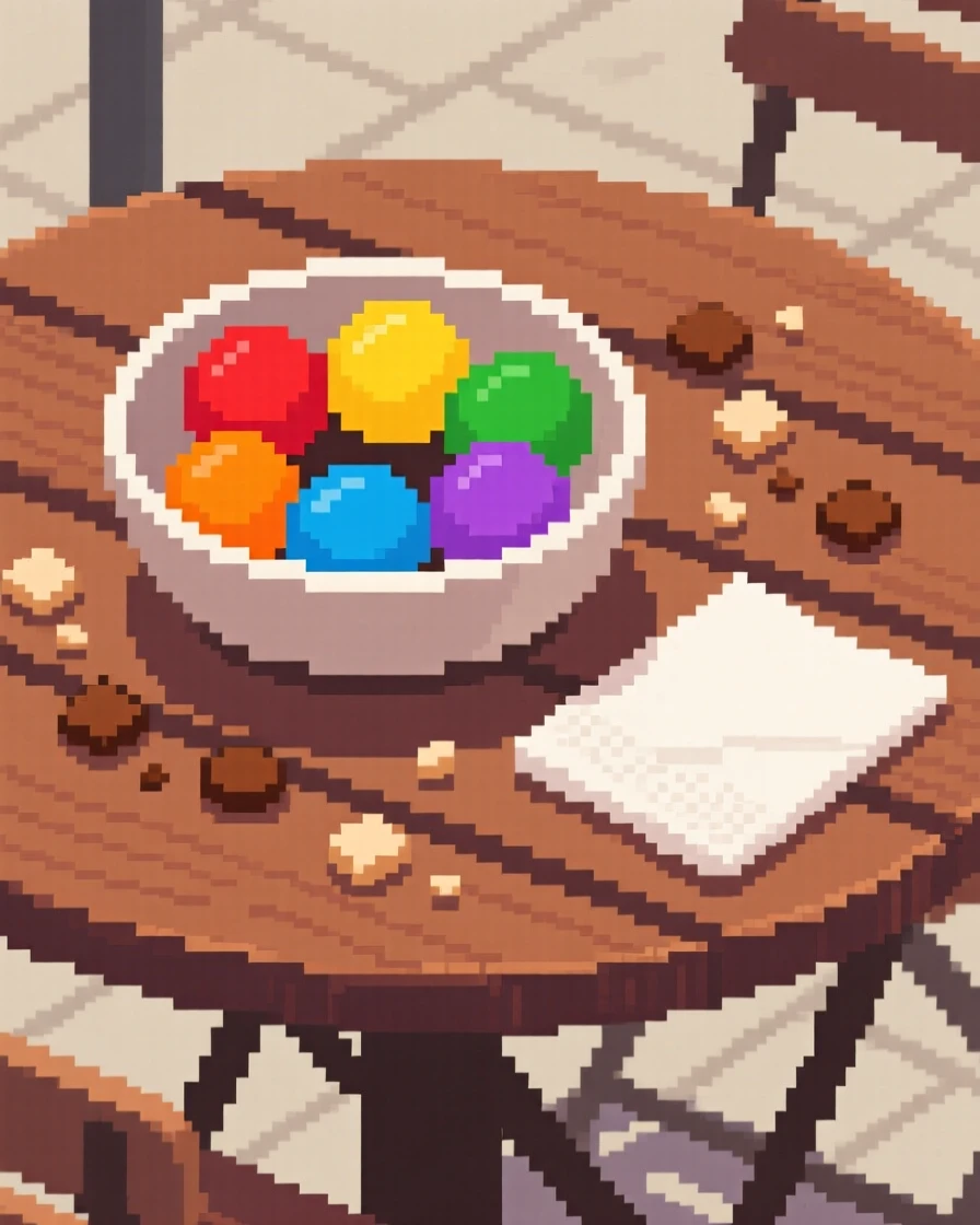 A bowl of colorful candy surrounded by scattered crumbs and a napkin, at an outdoor café table.