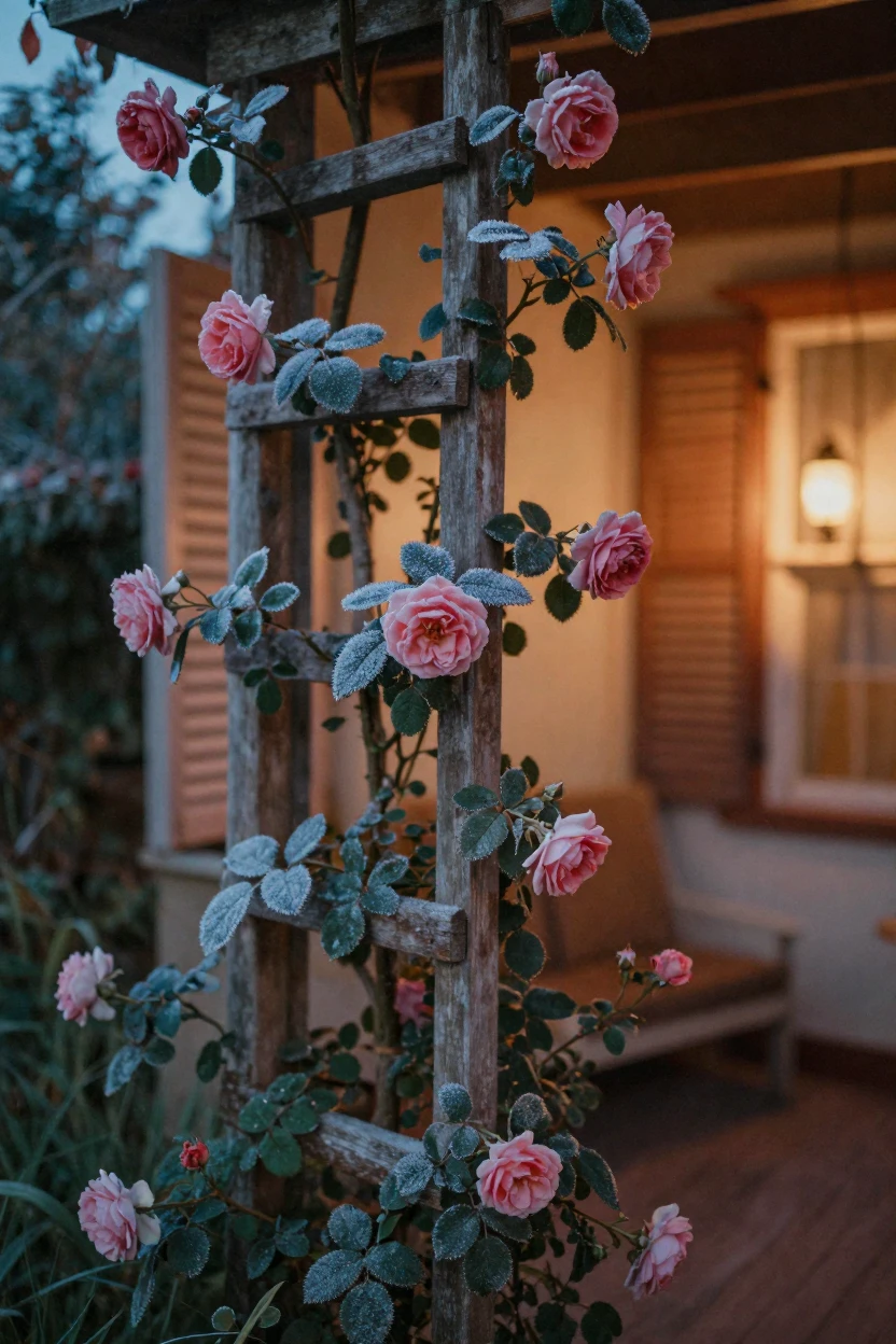 Climbing roses cascading over an old garden trellis, in cool blue twilight, with frost coating every surface, in the height of summer, dominated by warm amber and rust tones, viewed from across the room.