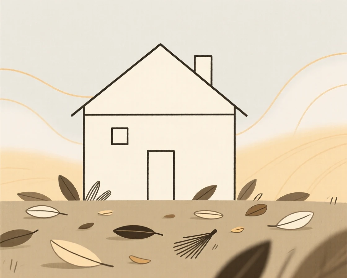 A rural farmhouse, transformed by summer heat haze, with a pile of raked leaves scattered throughout, captures nostalgic comfort.