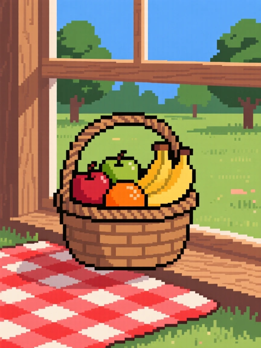 A basket of ripe fruit placed on a windowsill to cool, on a picnic blanket in a park.