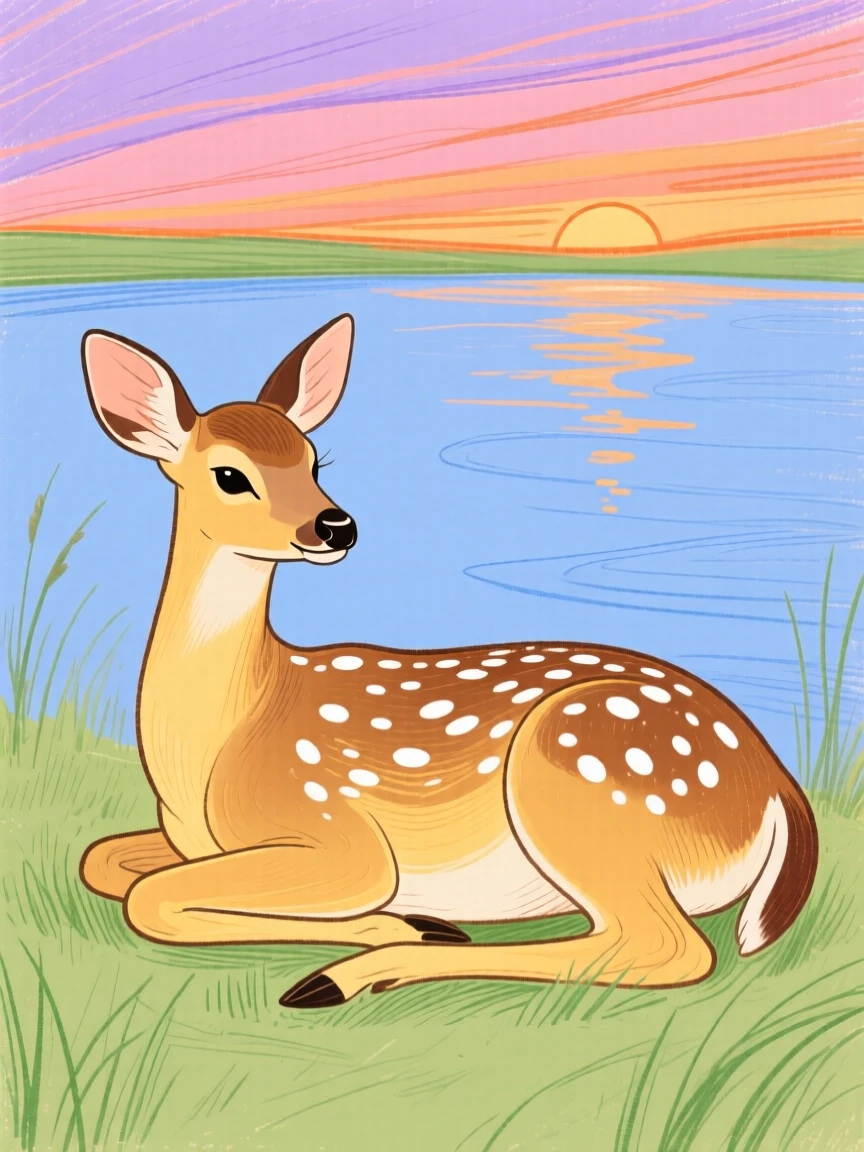 A spotted fawn resting beside a still lake at sunset.