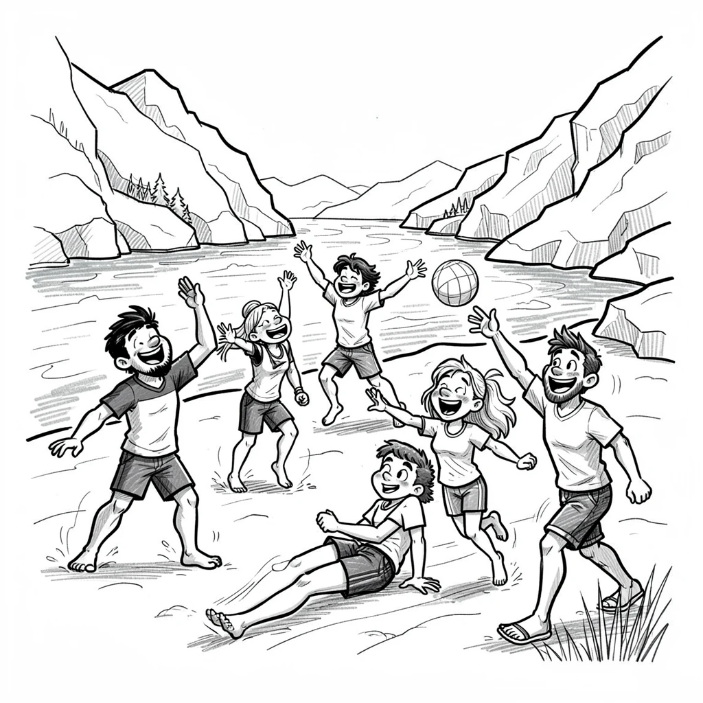 A group of friends playing beach volleyball beside a glacier-fed river.