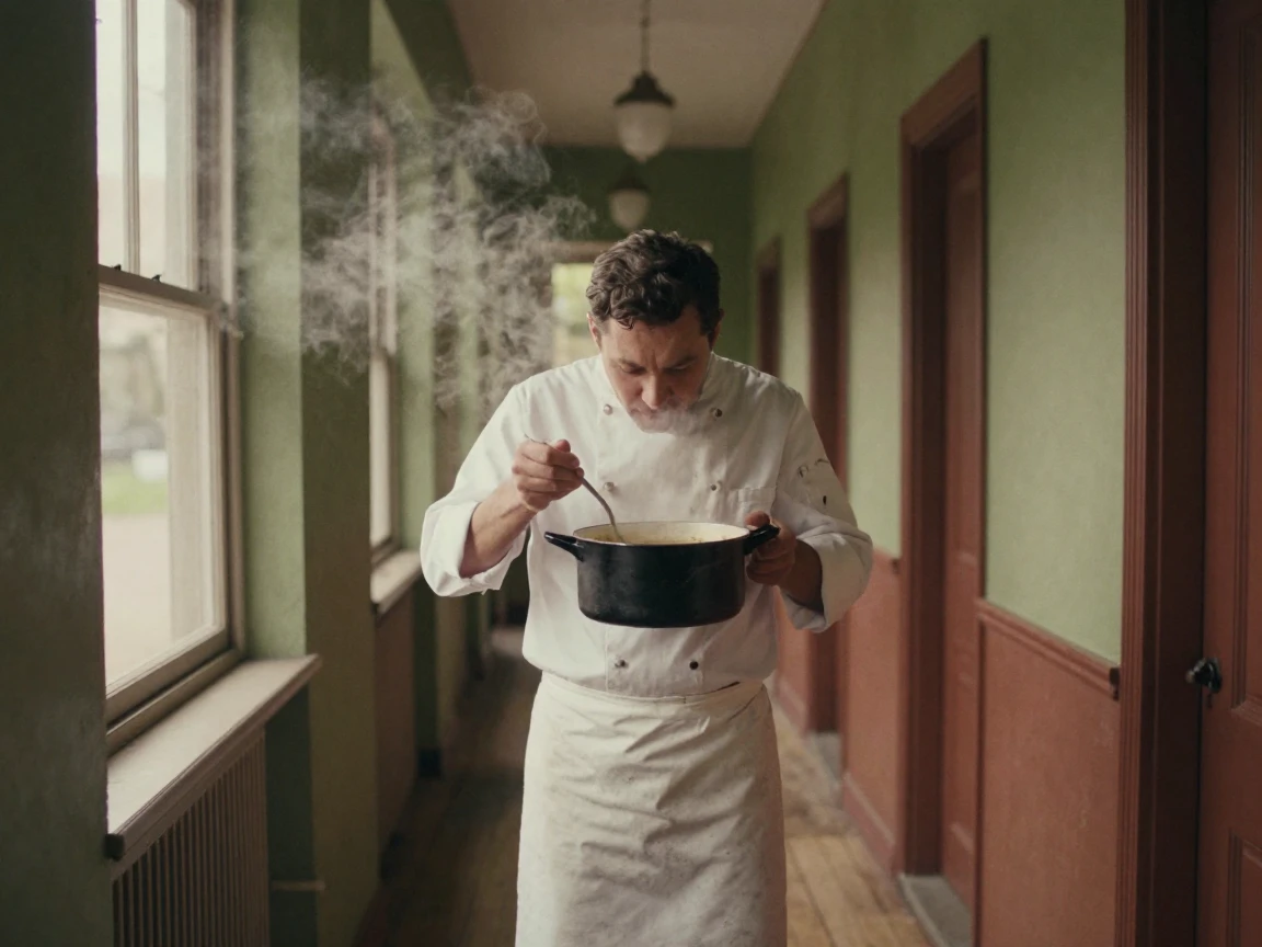 A chef tasting a simmering pot of soup with quiet concentration, in soft window light, as mist rises off the ground, in early spring, with muted olive and rust colors, framed symmetrically down a long corridor.