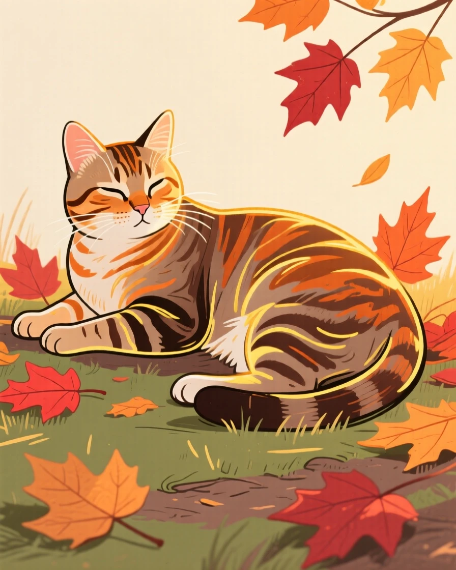 A tabby cat resting among autumn leaves during golden hour.