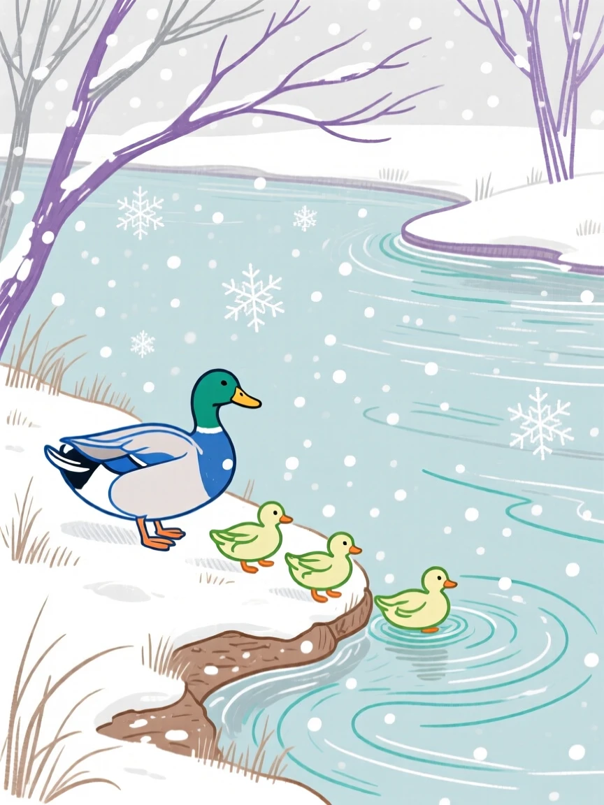 A family of ducks grazing along a quiet riverbank during a light snowfall.