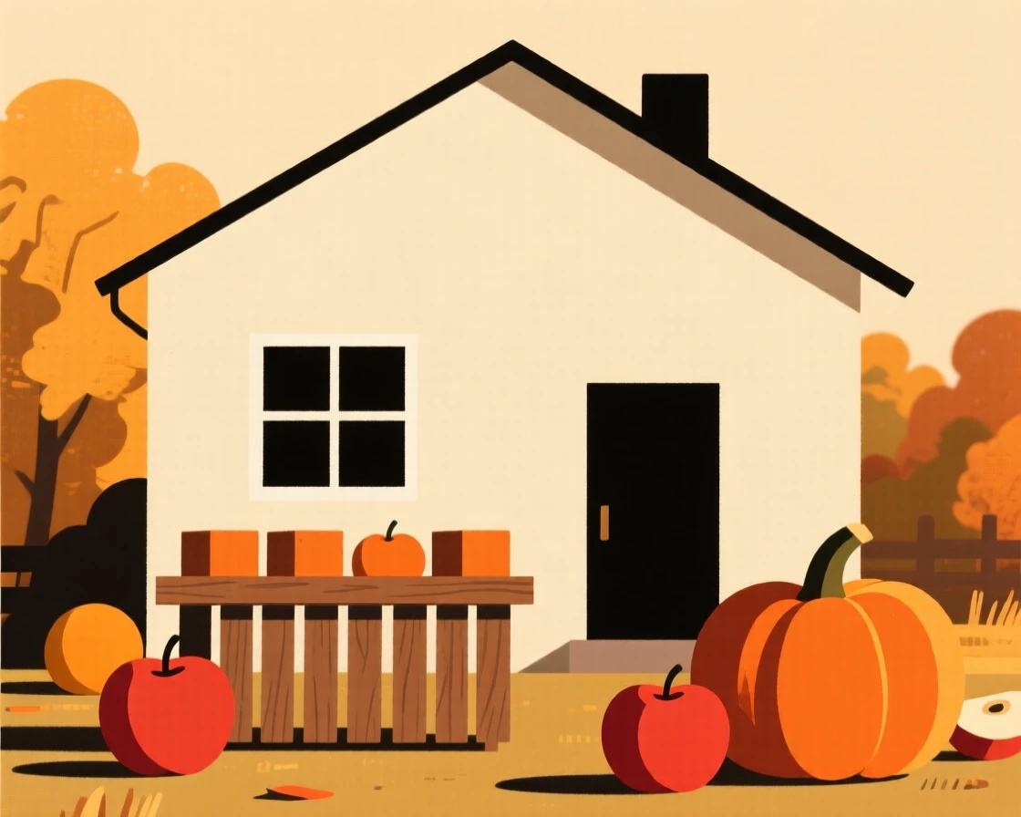 A rural farmhouse, transformed by golden autumn light, with a wooden fruit stand scattered throughout, captures seasonal renewal.
