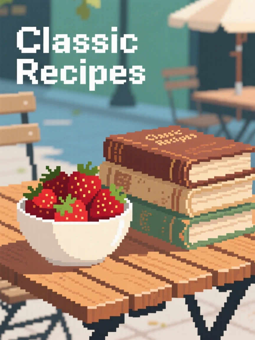 A bowl of fresh strawberries resting beside a stack of old cookbooks, at an outdoor café table.