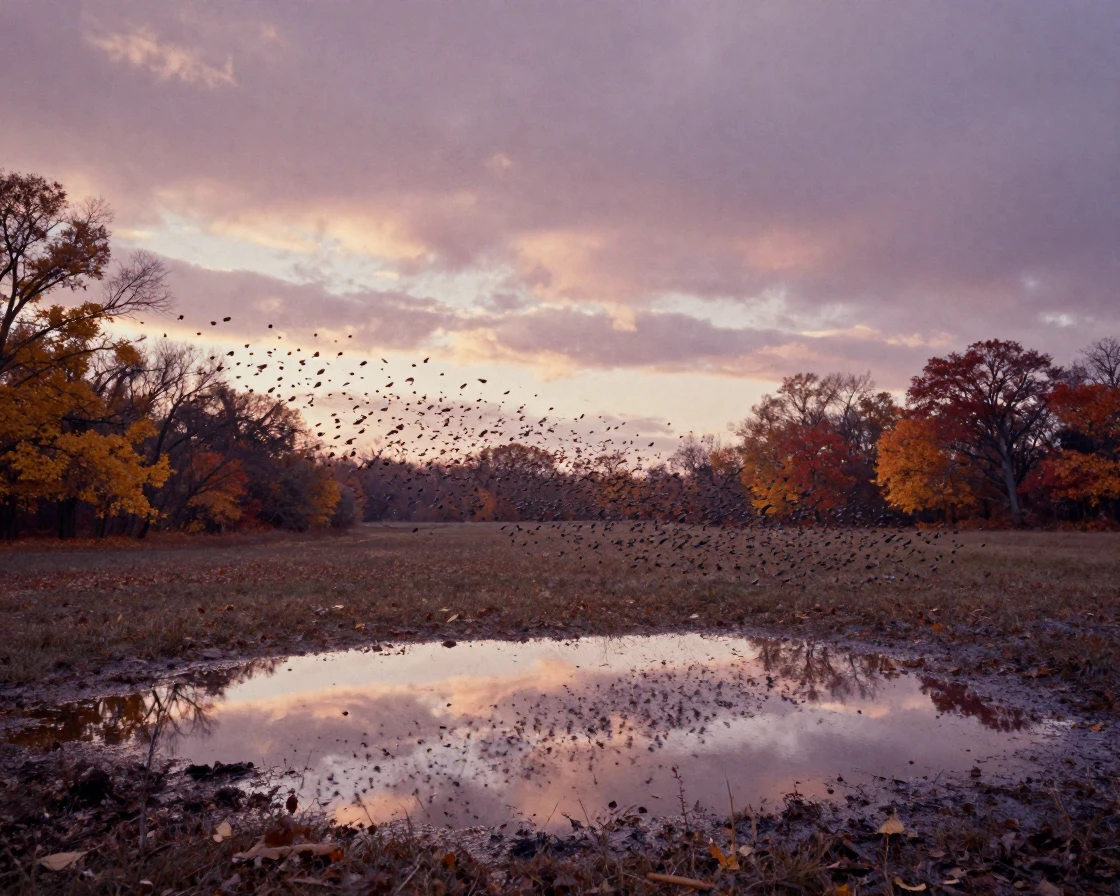 A murmuration of starlings swirling together above a winter field, under a glowing sunset sky, just after a rain shower, with puddles reflecting the sky, as autumn leaves turn gold and red, in dusty lavender and rose tones, from a wide establishing view.