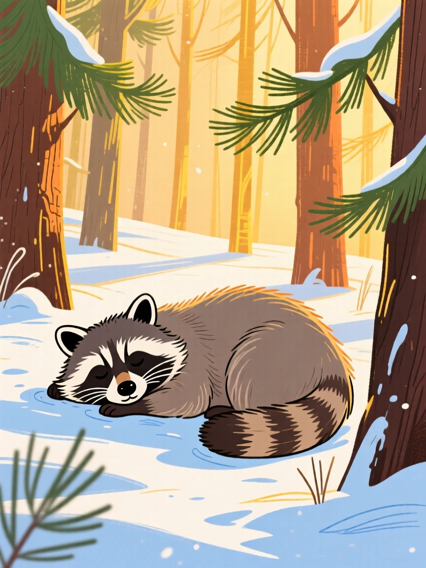 A curious raccoon napping in a snowy pine forest during golden hour.