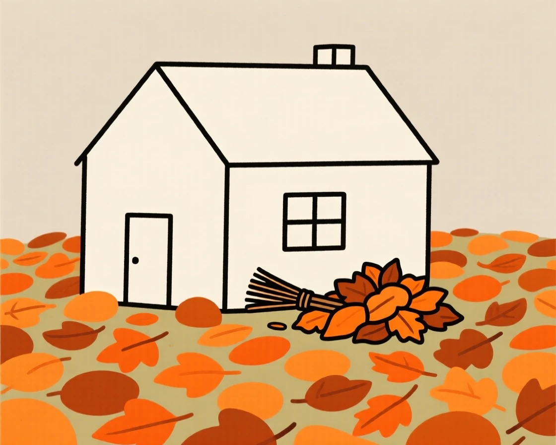 A rural farmhouse, transformed by carpet of fallen orange leaves, with a pile of raked leaves scattered throughout, captures festive warmth.