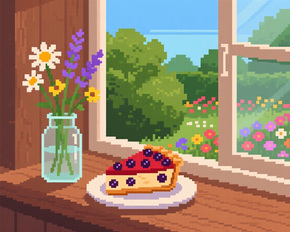 A slice of berry pie set beside a vase of wildflowers, beside an open window overlooking a garden.