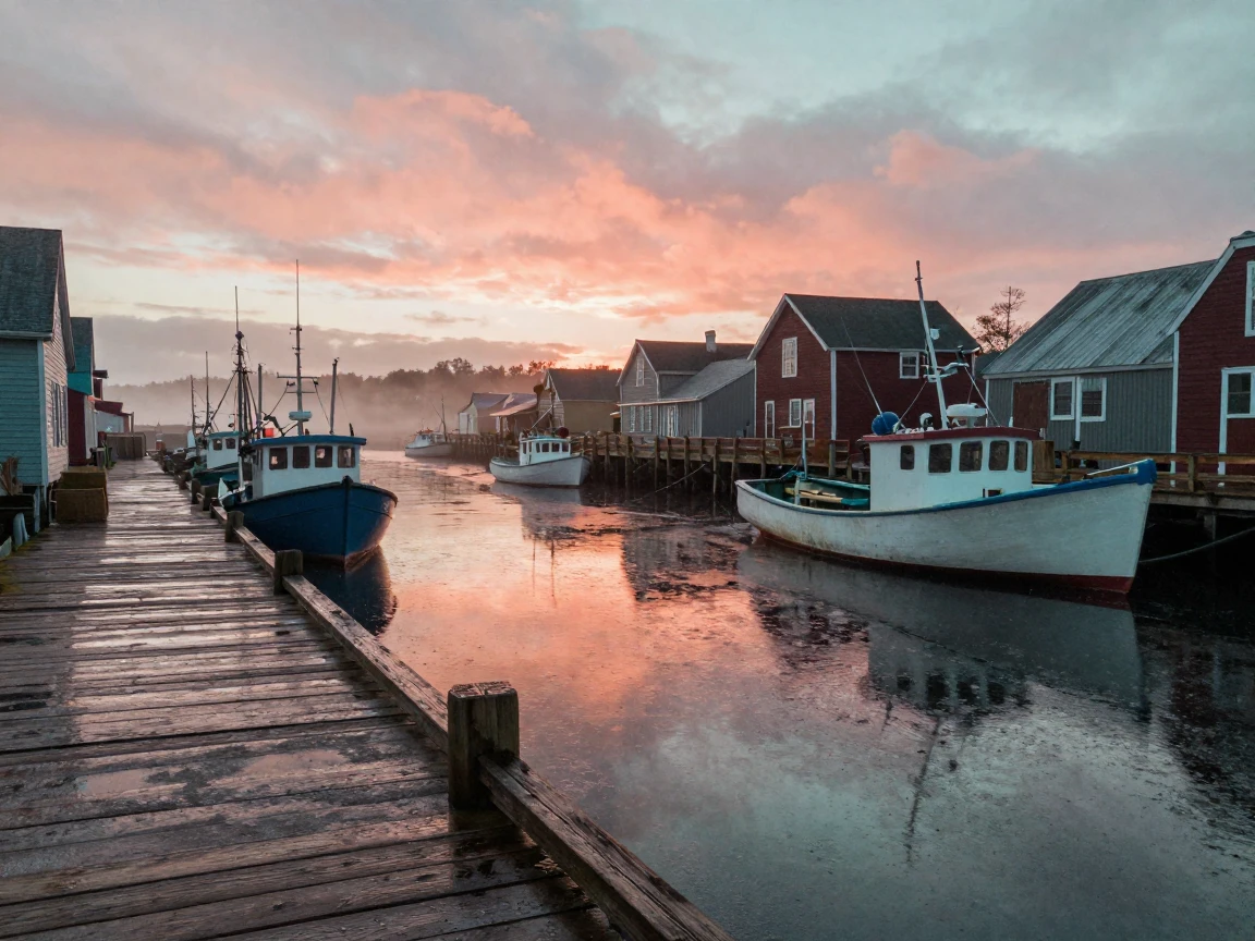 A quiet harbor town waking up in the first light of dawn, at sunrise, just after a rain shower, with puddles reflecting the sky, in the mild days of early autumn, in vivid coral and turquoise hues, in a tight close-up.