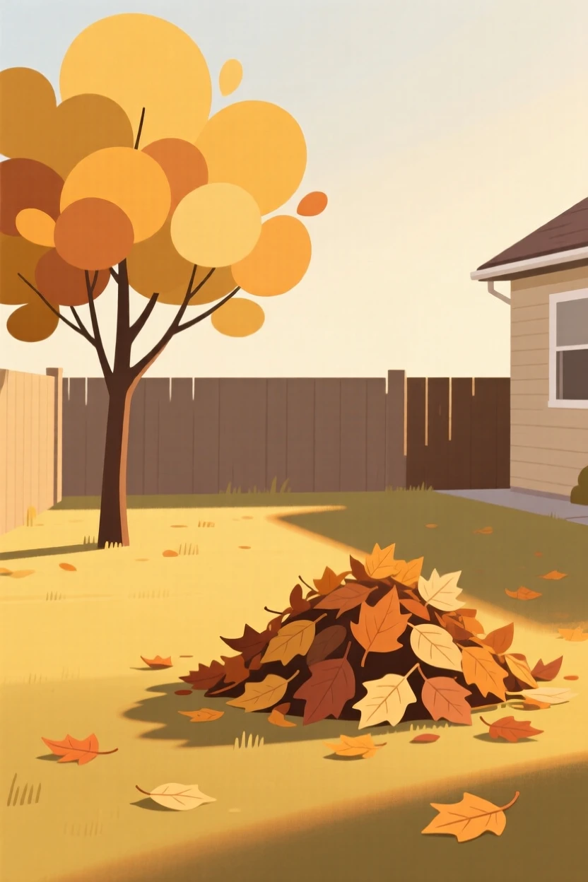 A suburban backyard, transformed by golden autumn light, with a pile of raked leaves scattered throughout, captures seasonal renewal.