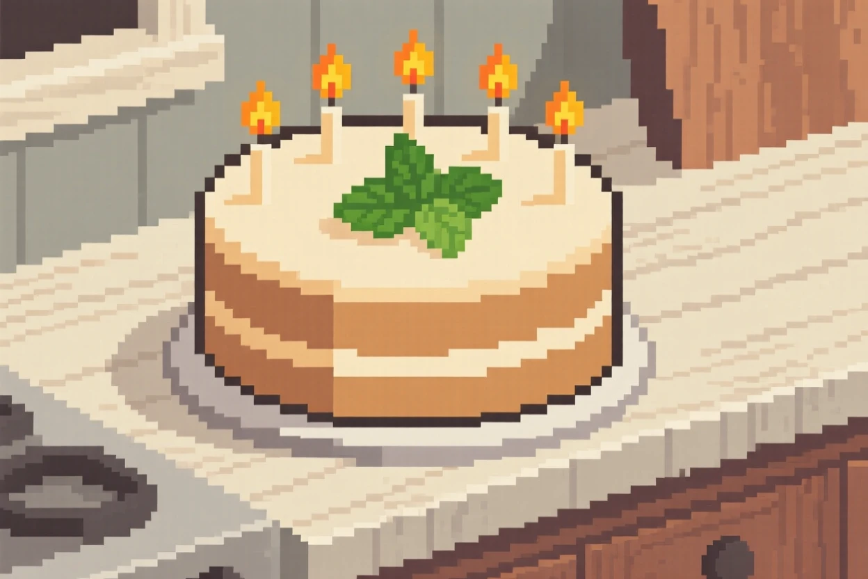 A birthday cake with lit candles decorated with a sprig of mint, on a farmhouse countertop.