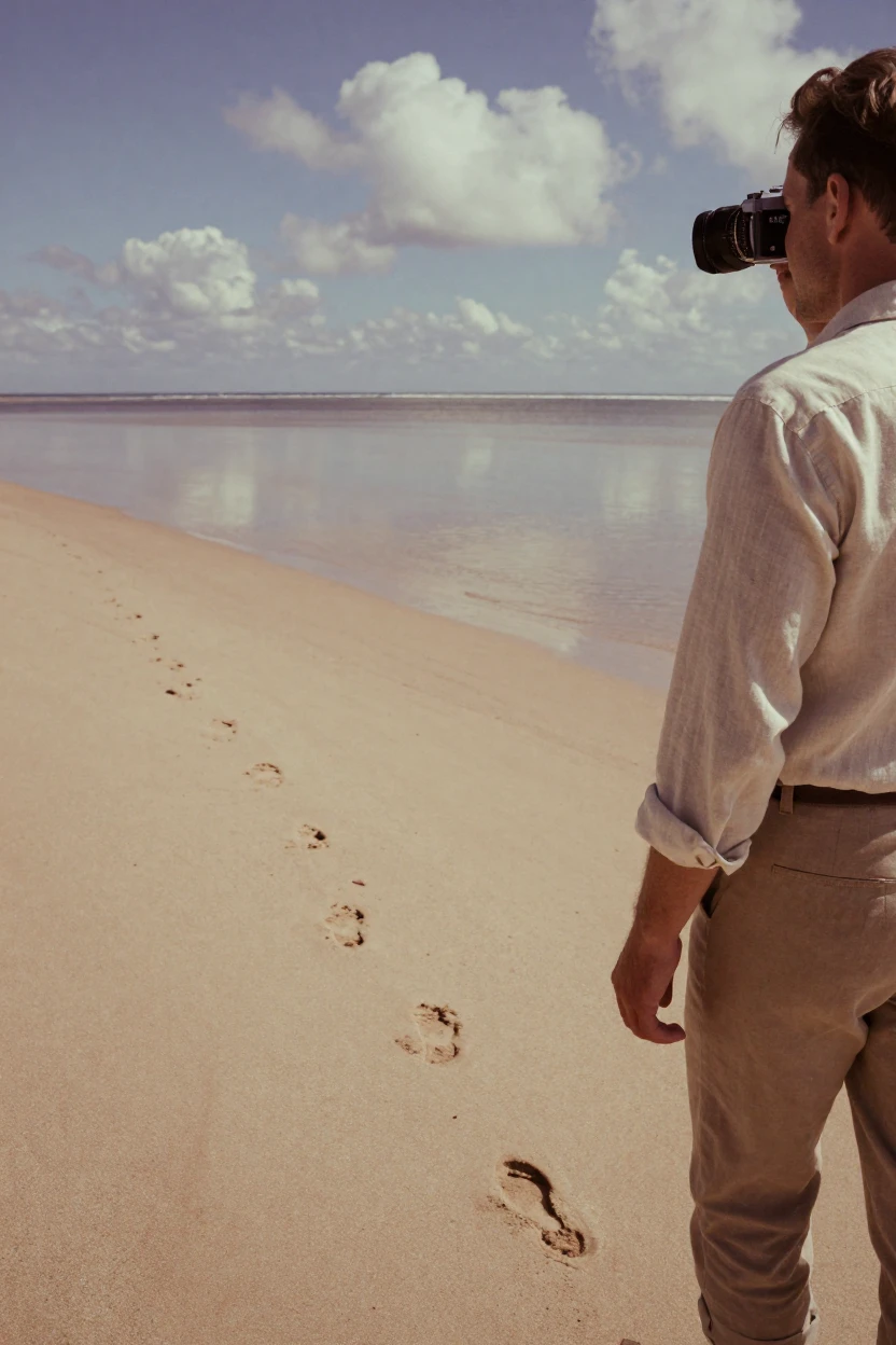 Footprints trailing across untouched sand along the tideline, under harsh midday sun, under scattered clouds, during the long days of summer, with rich burgundy and gold accents, over the shoulder of the main subject.