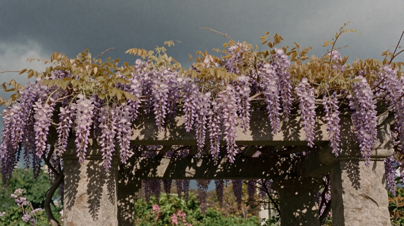 Wisteria vines draping heavily over a stone garden archway, in dappled light filtering through leaves, under a darkening storm sky, in early spring, in dusty lavender and rose tones, shot from directly overhead.