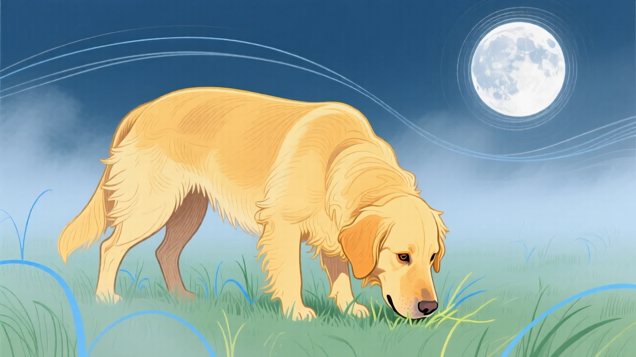 A golden retriever grazing in a misty morning field under a full moon.