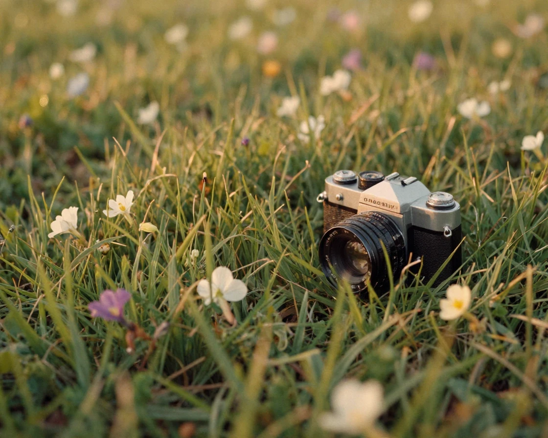 A meadow bursting with fresh green grass and scattered wildflowers, in low lamplight, as heat shimmers over the ground, in early spring, in warm honey and cream tones, in a tight close-up.